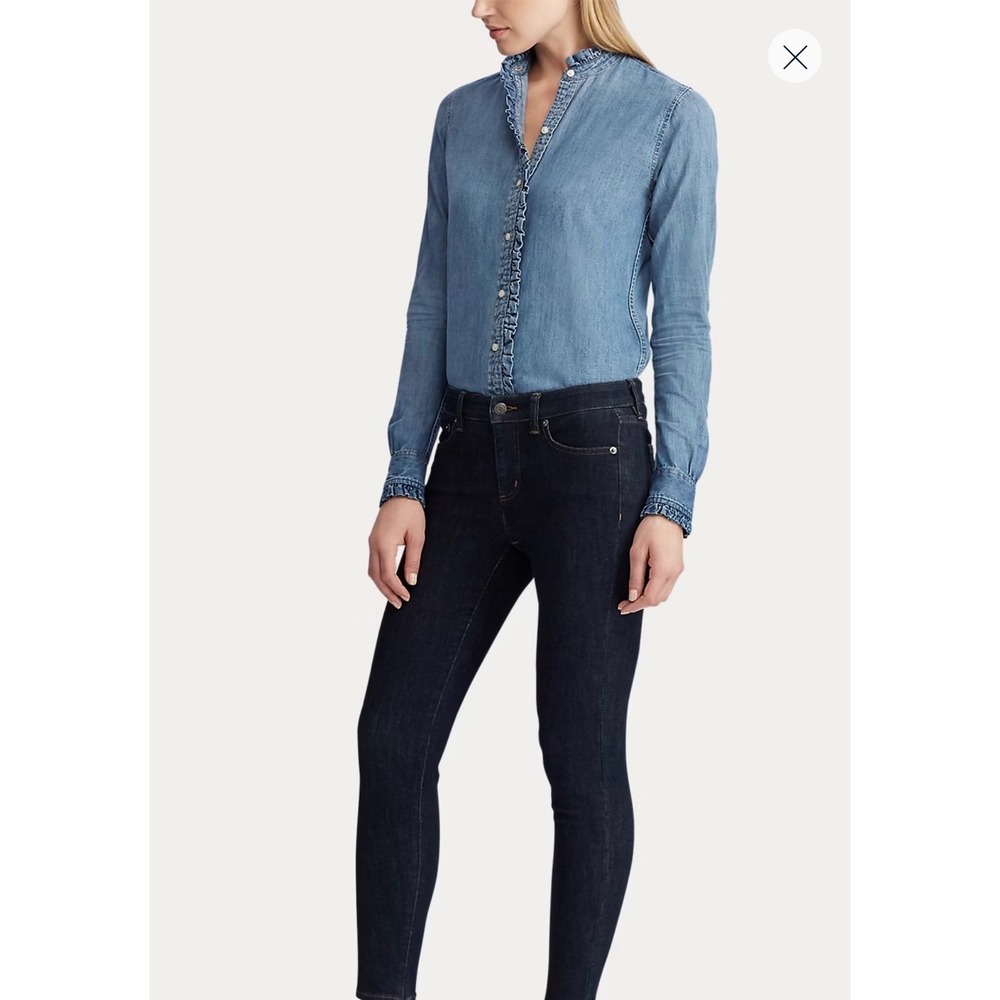 Lauren Ralph Lauren Denim Ruffle Shirt Womens 2X Blue Cotton Long Sleeve Blouse - Picture 3 of 13